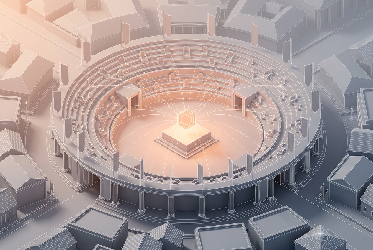 Porcelain amphitheater around a central token, value flowing equally in and out — culture and community tokens