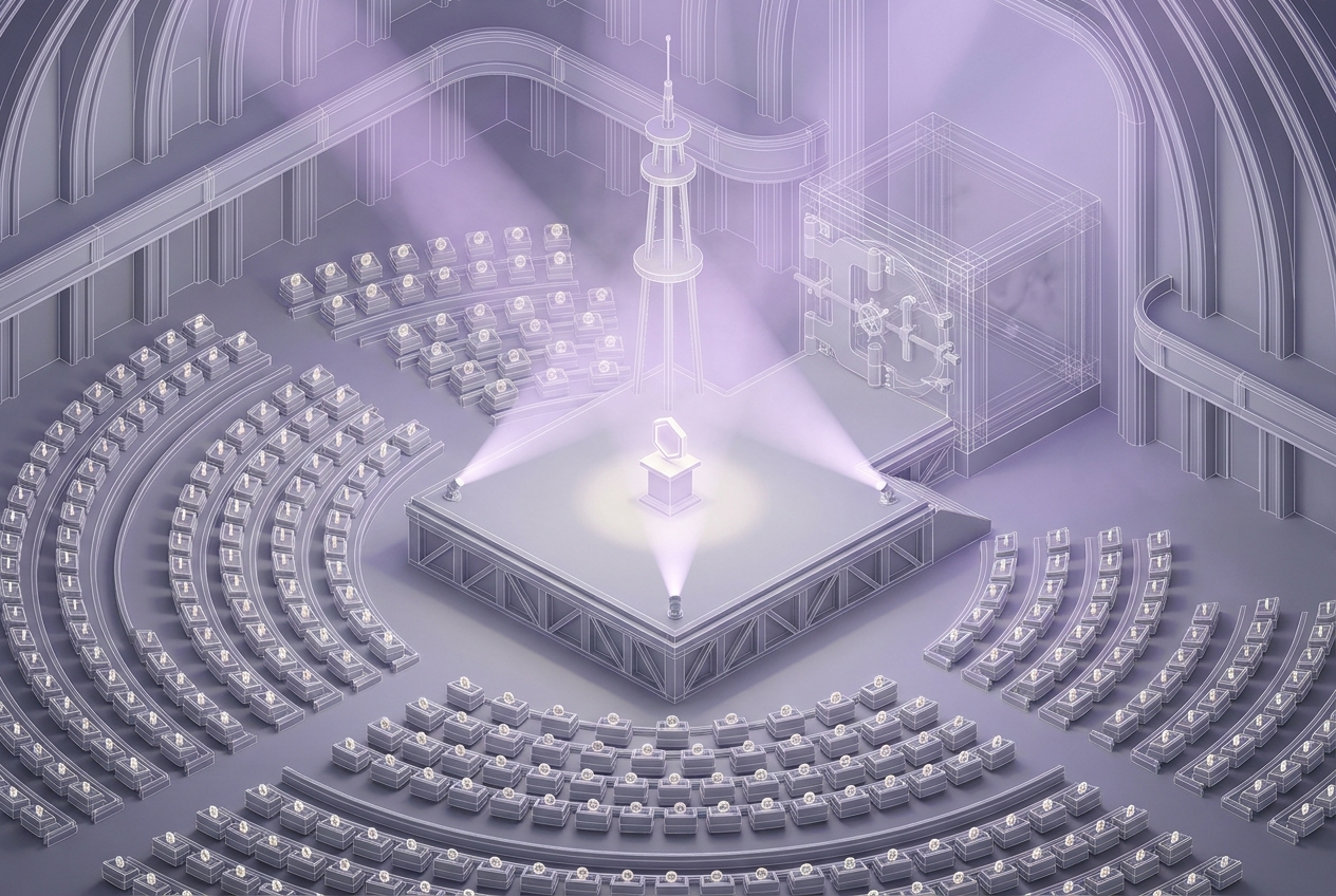 Broadcast stage radiating identical signals to identical receiver pods; the creator's vault locked behind — personality and creator tokens
