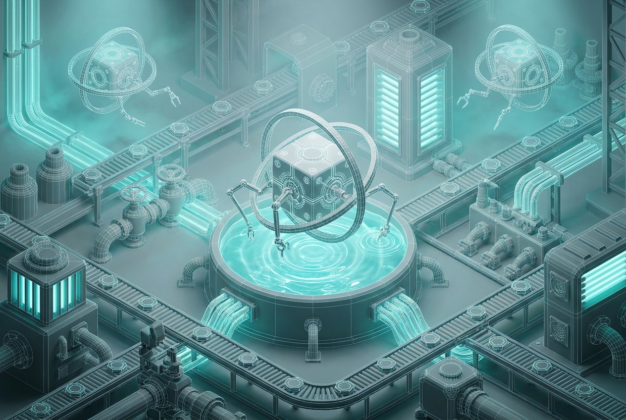 Autonomous gimbal-mounted agent core tending a liquidity pool with no operator console — agent tokens