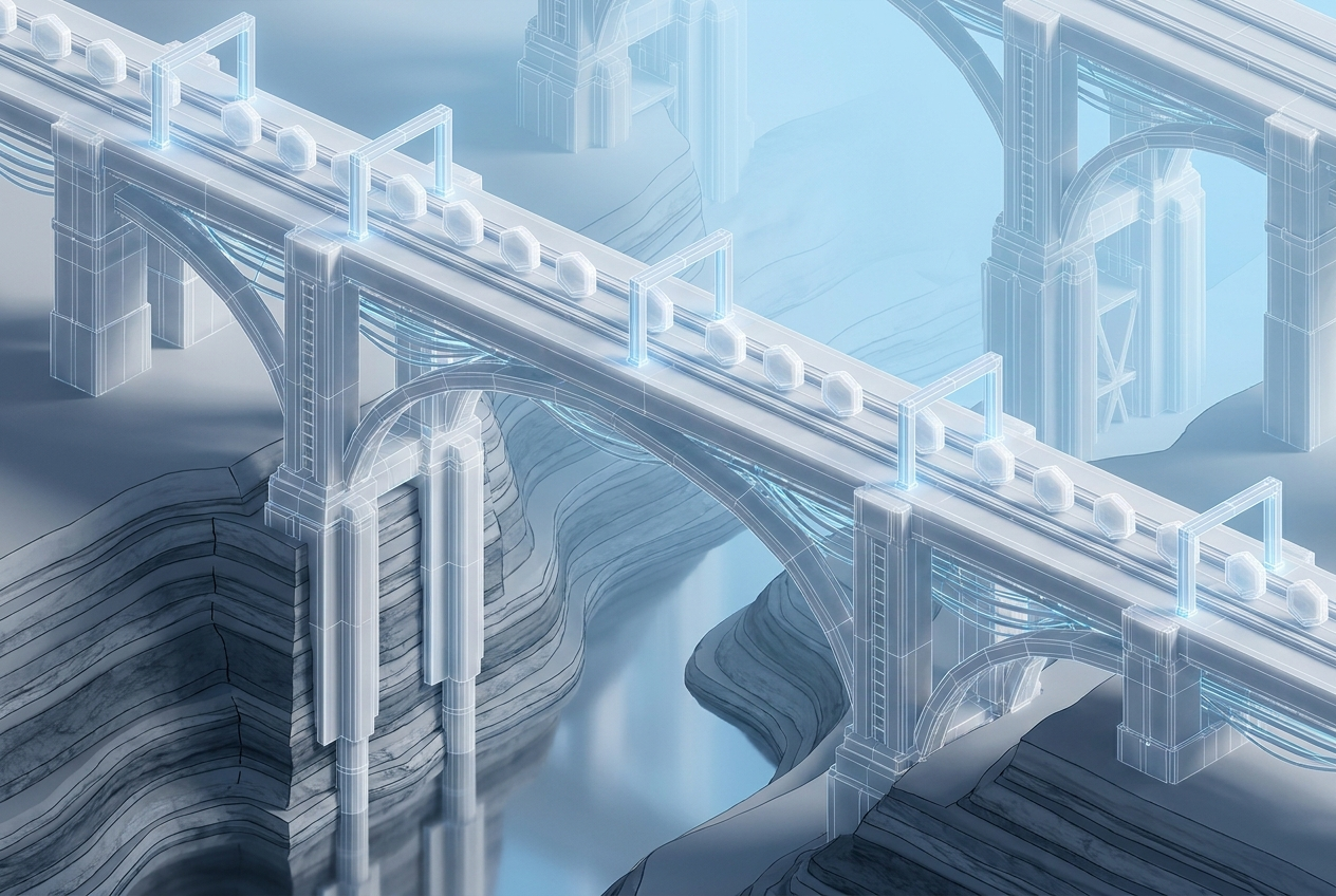 Infrastructure bridge on deep bedrock foundations, tokens passing identical open gates — protocol and asset tokens