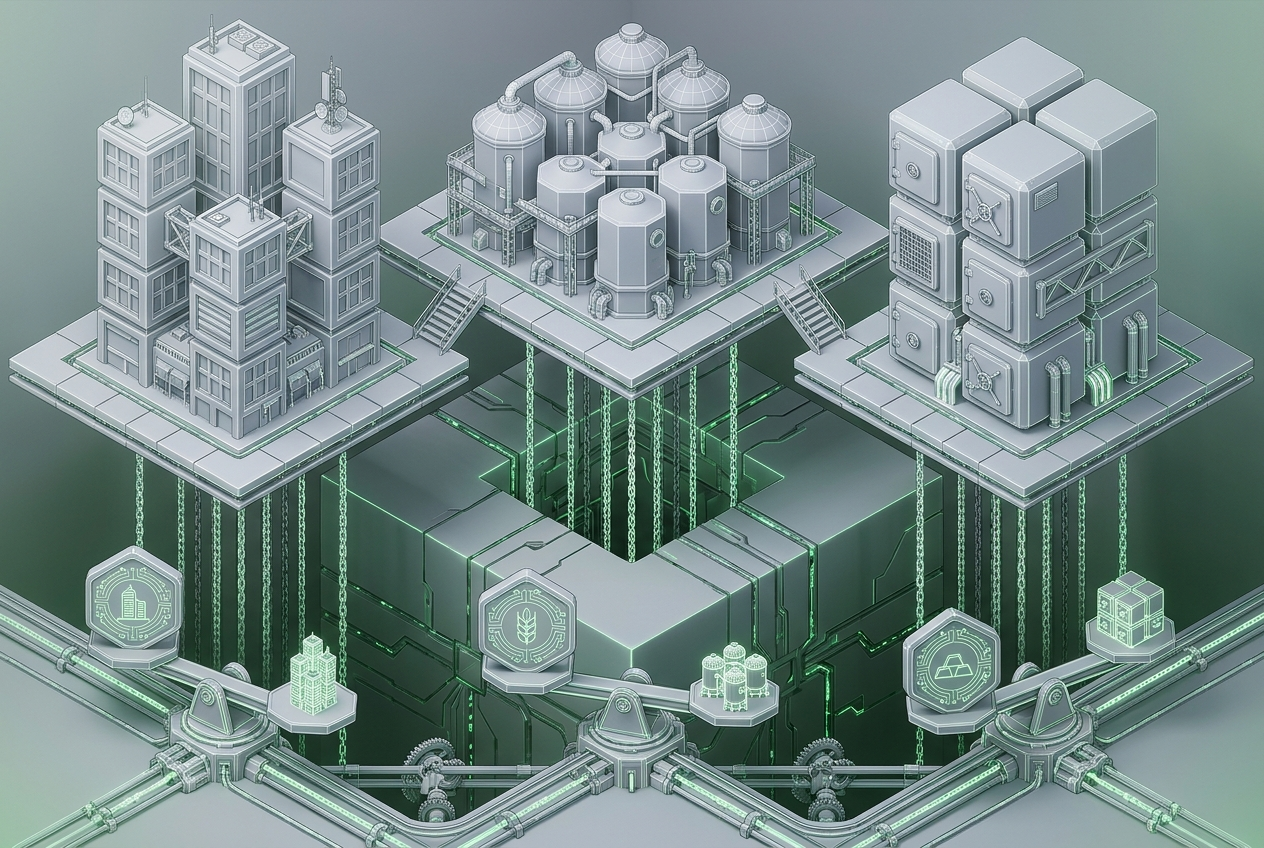 Building, silo and bullion each chained one-to-one to its token on a balance rail — real world assets