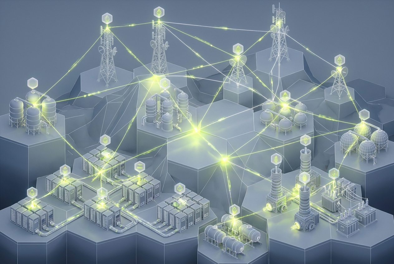 Antenna masts, storage, compute and energy nodes joined by a token-crowned signal mesh — DePIN networks