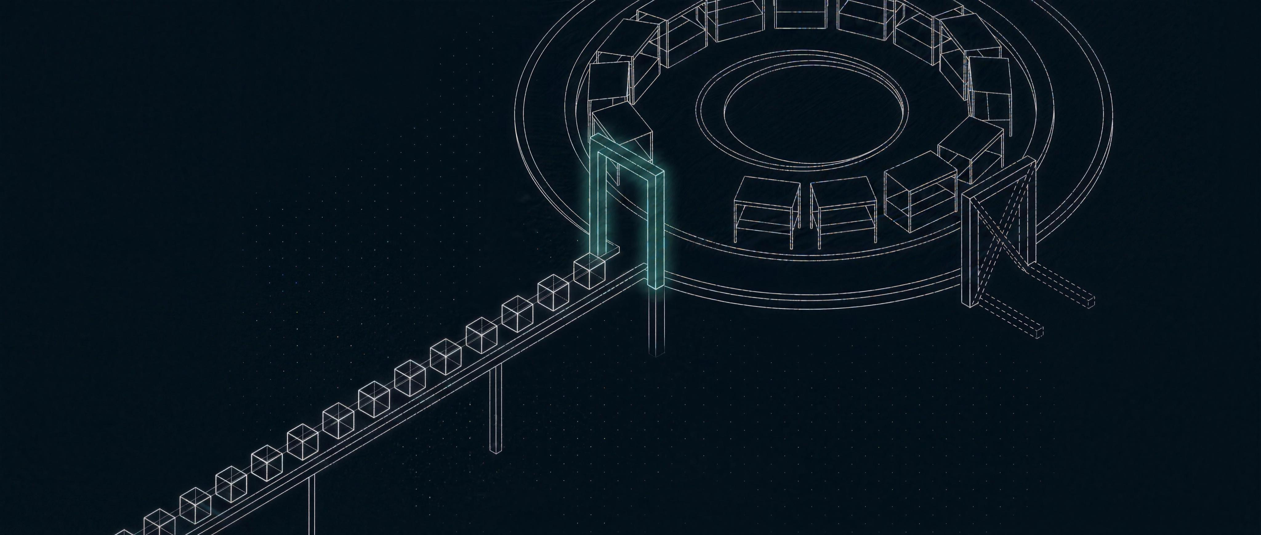 Isometric wireframe: one open gate on a single rail; the private side entrance welded shut