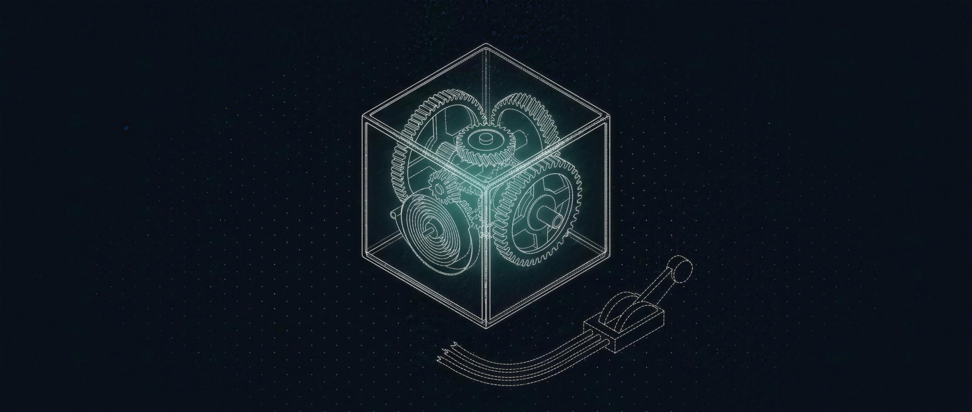 Isometric wireframe: sealed mechanism running; the override lever severed on the floor