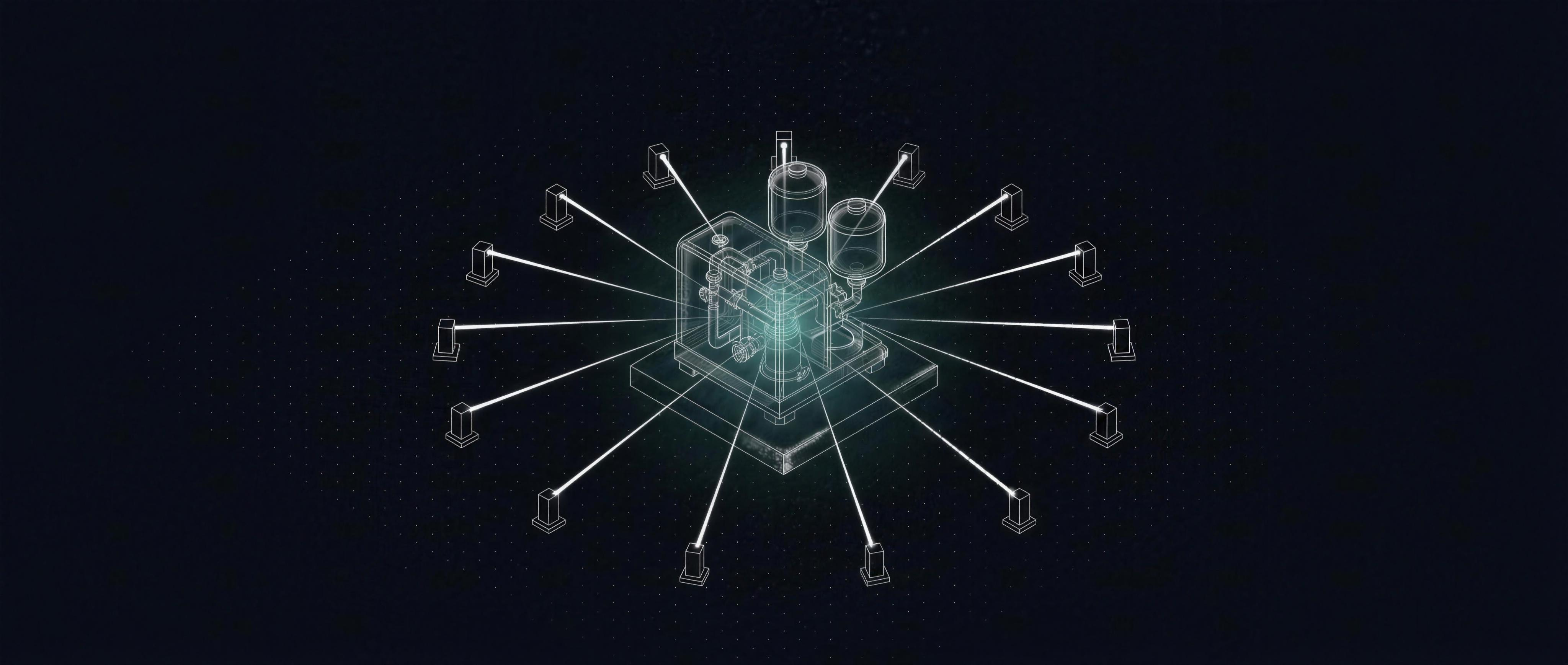 Isometric wireframe: transparent treasury engine watched by sight-lines from every direction