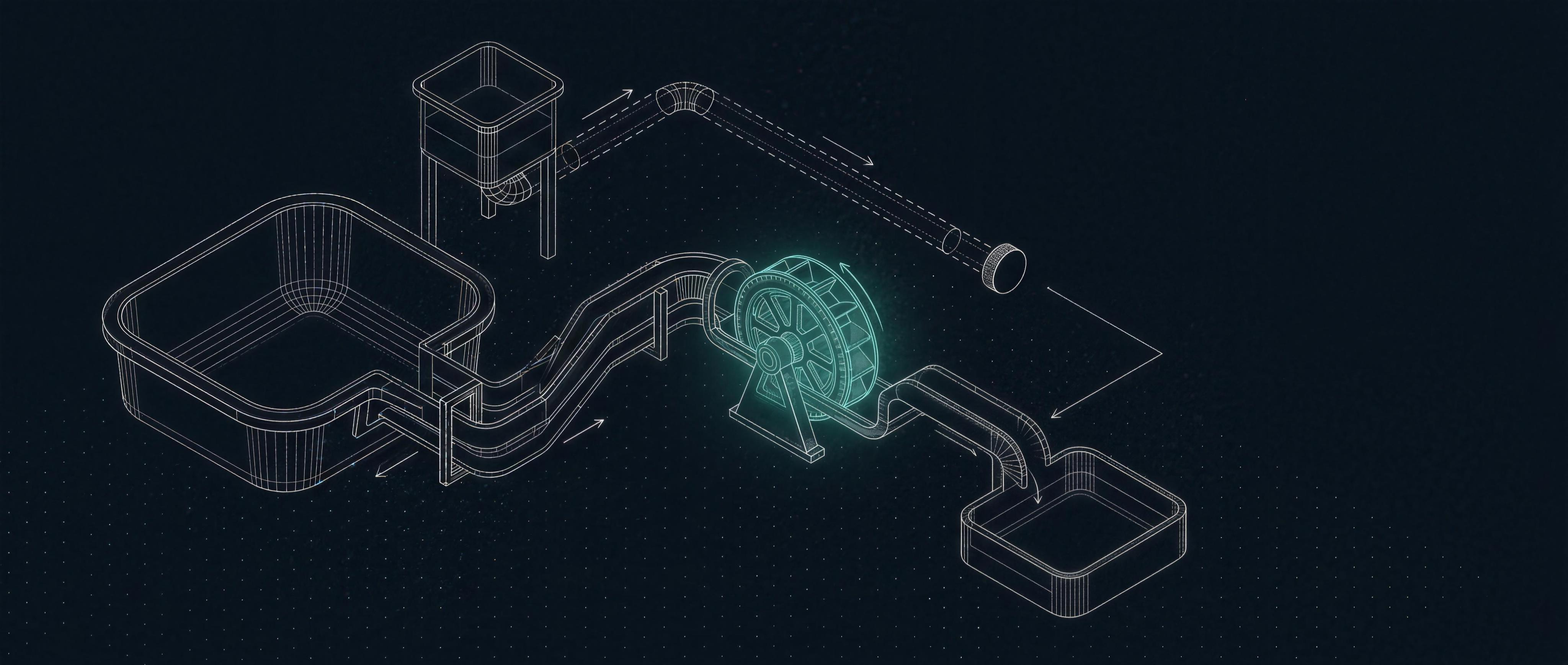 Isometric wireframe: flow meter between pool and team basin; the direct pipe capped shut
