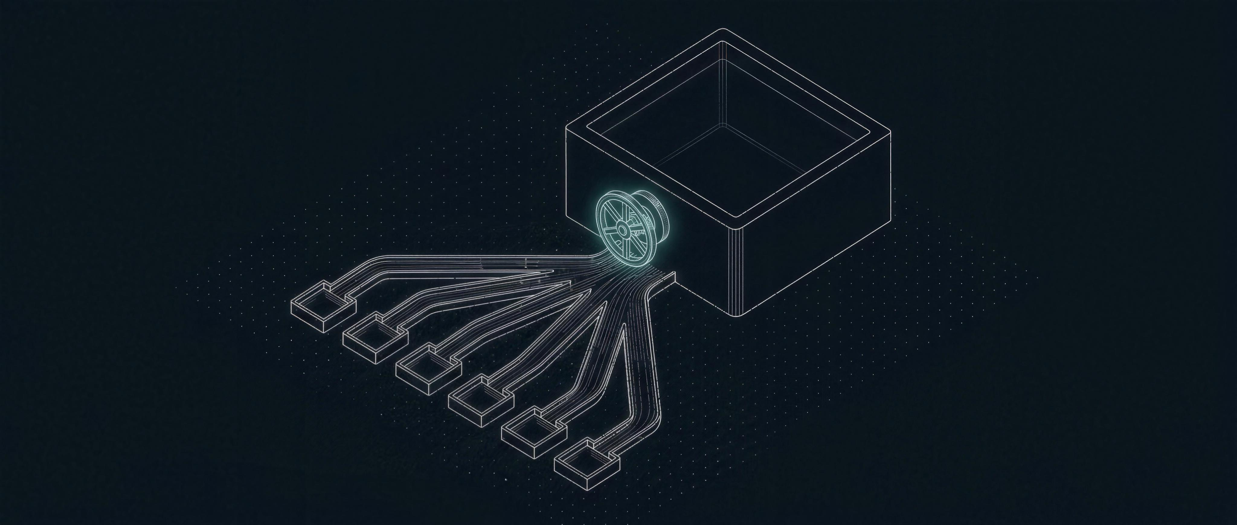 Isometric wireframe: opened release valve fanning into equal return channels