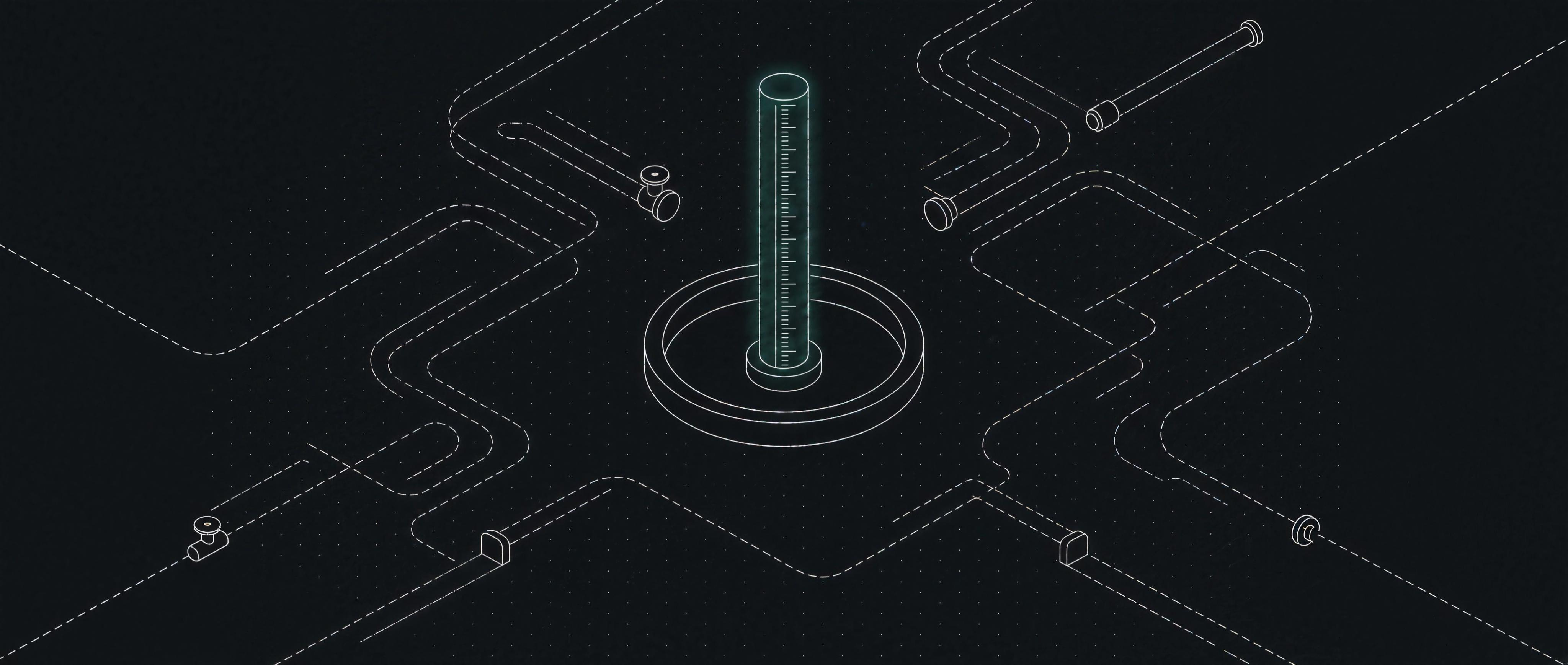 Isometric wireframe: one canonical pool and gauge; every alternate route sealed