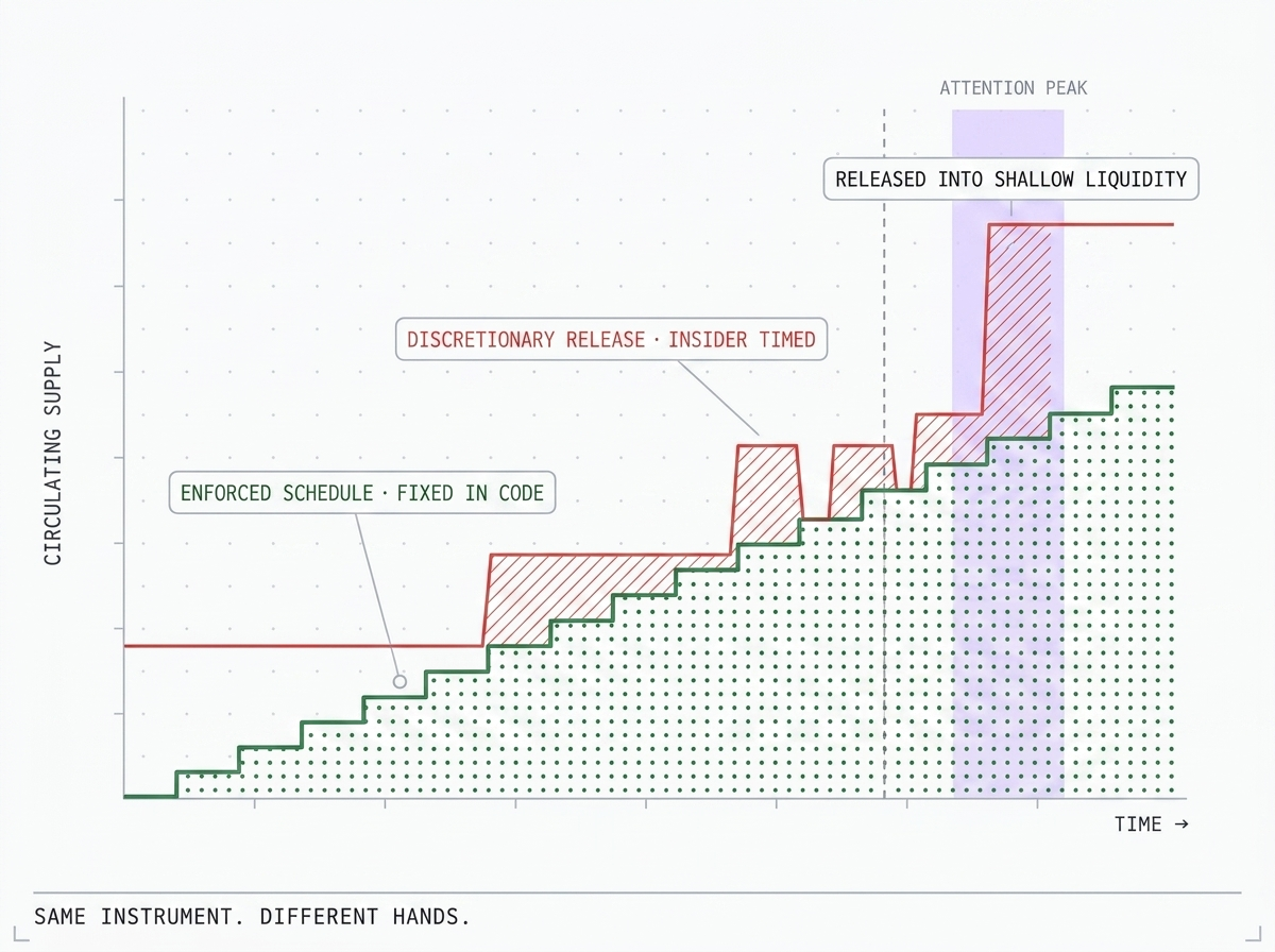 Working-paper plate: enforced supply schedule vs discretionary insider-timed release